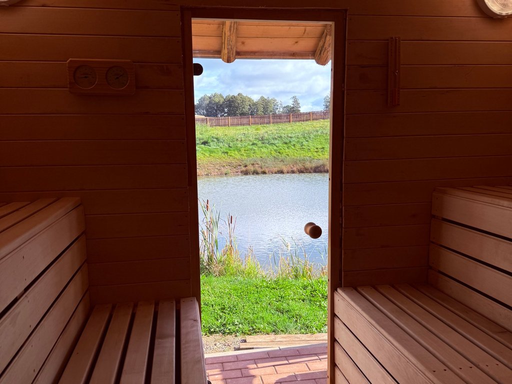 Sauna – wnętrze z widokiem na staw